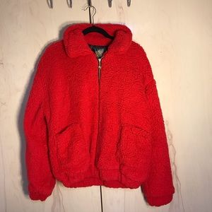 Red Fleece Jacket Oversized Gold Hardware